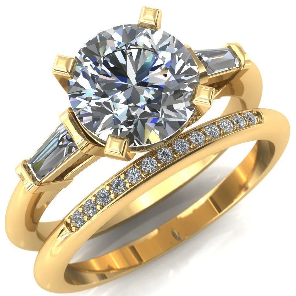 Quinn Round Lab-Grown Diamond Center Stone 4 Prong Single Baguette Diamond Side Ring