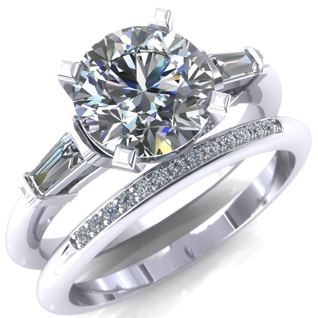 Quinn Round Lab-Grown Diamond Center Stone 4 Prong Single Baguette Diamond Side Ring