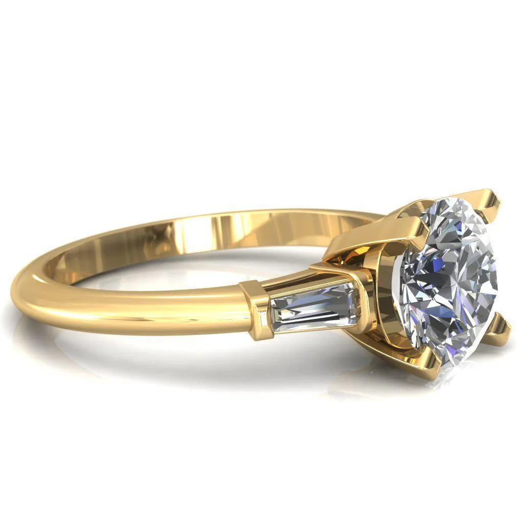 Quinn Round Lab-Grown Diamond Center Stone 4 Prong Single Baguette Diamond Side Ring