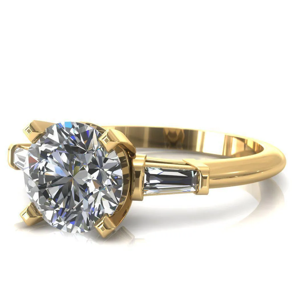 Quinn Round Lab-Grown Diamond Center Stone 4 Prong Single Baguette Diamond Side Ring