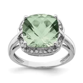 Rhodium Checker-Cut Green Quartz & Diamond Ring in Sterling Silver