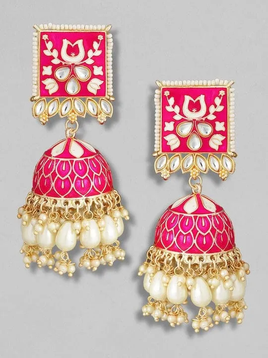 Rubans Gold Plated Handcrafted Yellow Enamel Statement & Pearls Jhumka Earrings