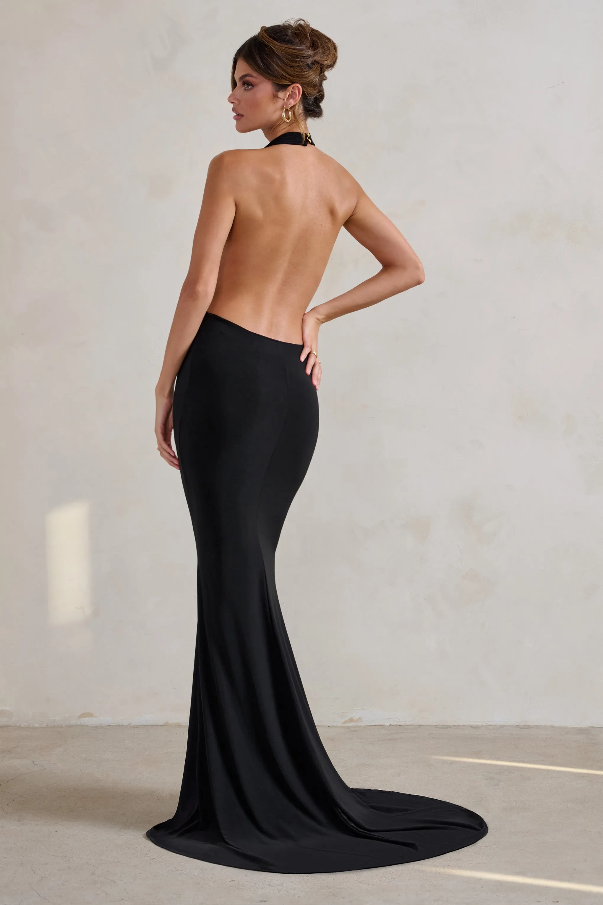 Saffina | Black Cowl Neck Low Back Maxi Dress