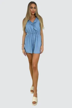 Sky Blue Frilled Sleeveless Playsuit