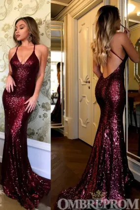 Sparkly Spaghetti Straps V Neck Mermaid Prom Dresses