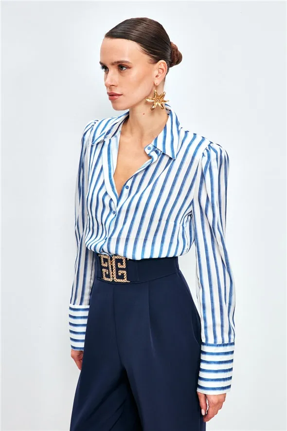 Striped Padding Detailed Shirt - Blue