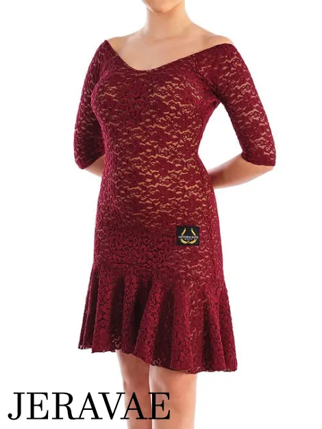 Victoria Blitz Burgundy Lace Latin Dress with V-Neckline, 3/4 Sleeves, and Low Cut Back PRA 750 in Stock