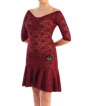 Victoria Blitz Burgundy Lace Latin Dress with V-Neckline, 3/4 Sleeves, and Low Cut Back PRA 750 in Stock