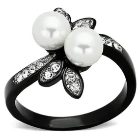 WildKlass Stainless Steel Pearl Ring Two-Tone IP Black Women Synthetic White